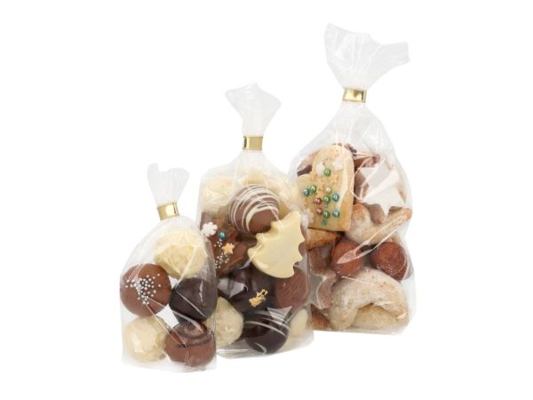 Transparente kleine Boden-Beutel inkl. Verschlussclips ideal zum Verpacken von Trüffeln, Pralinen, Teegebäck, kleinen Präsenten